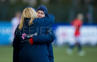 J17 Norge - Polen, trener Lena Tyriberget jubler etter kampen.